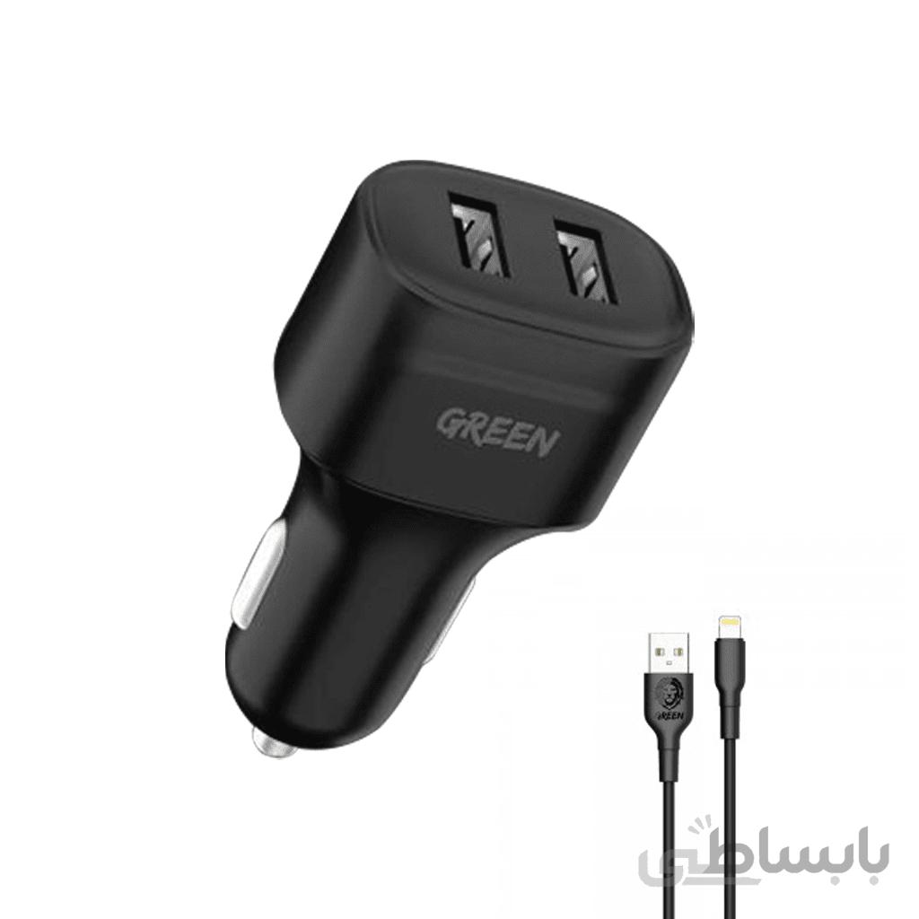 شارژر فندکی با کابل lightning گرین مدل dual port 1.2m