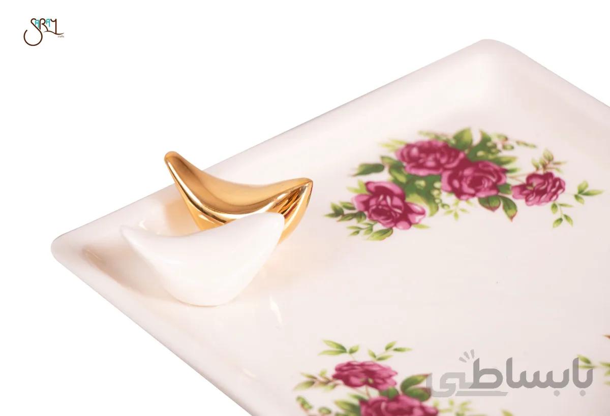 بشقاب سرامیکی مربع گل سرخ با پرنده طلا مدل 0618