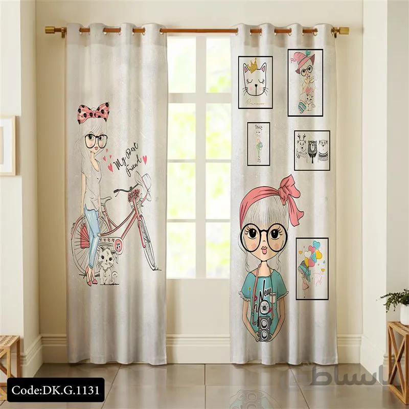 پرده پانچی (هازان و مخمل) کد DK.G.1131 طرح دخترانه دختر دوچرخه سوار و گربه