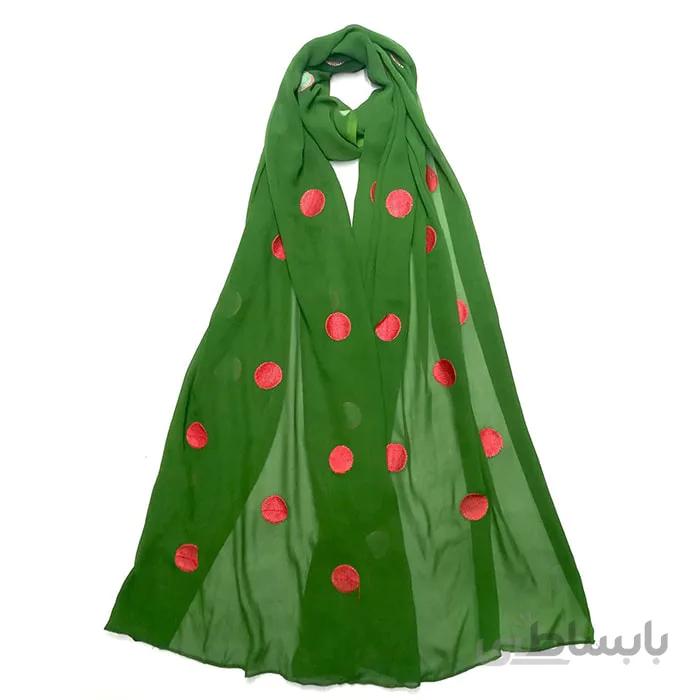 شال حریر سبز گلدوزی دایره قرمز