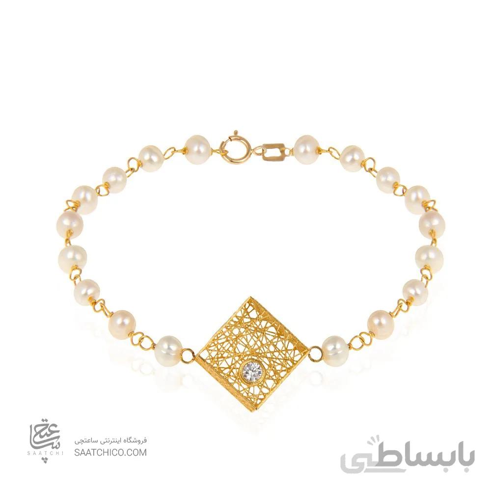 دستبند مروارید با پلاک طلا طرح فیوژن لوزی کد XB716