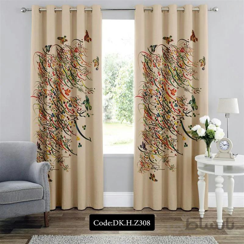 پرده پانچی (هازان و مخمل) کد DK.H.Z308 طرح هنری و شعر پرنده ها و شعر رنگارنگ
