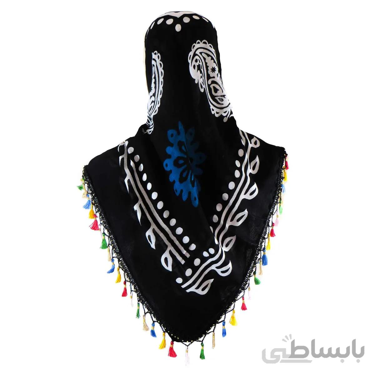 روسری سنتی منگوله دار کردستان مشکی- آبی 1.5 متری