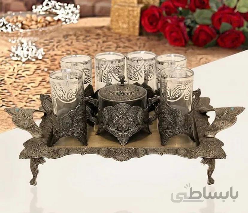ست سینی و فنجان و قندان پیوتر خاتم