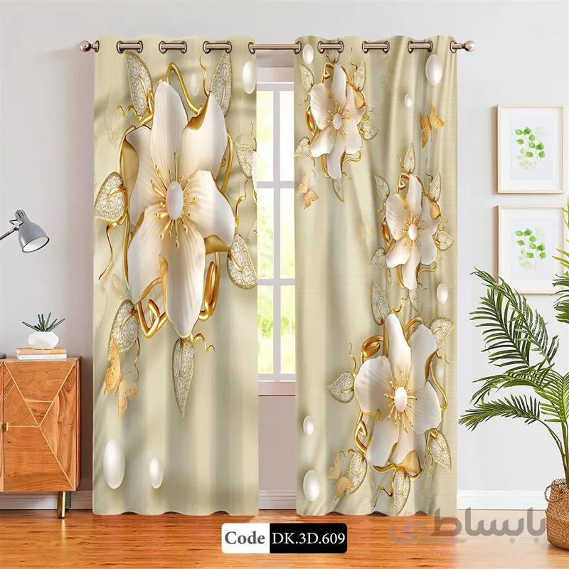 پرده پانچی (هازان و مخمل)کد DK.3D.609 طرح سه بعدی گل های طلایی و مروارید