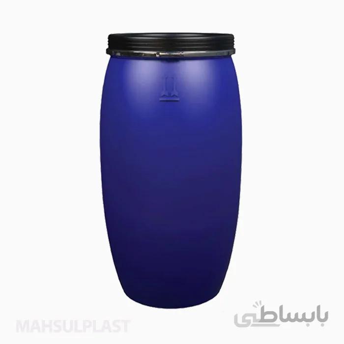 بشکه ۱۶۰ لیتری دهانه‌گشاد تسمه فلزی آبی