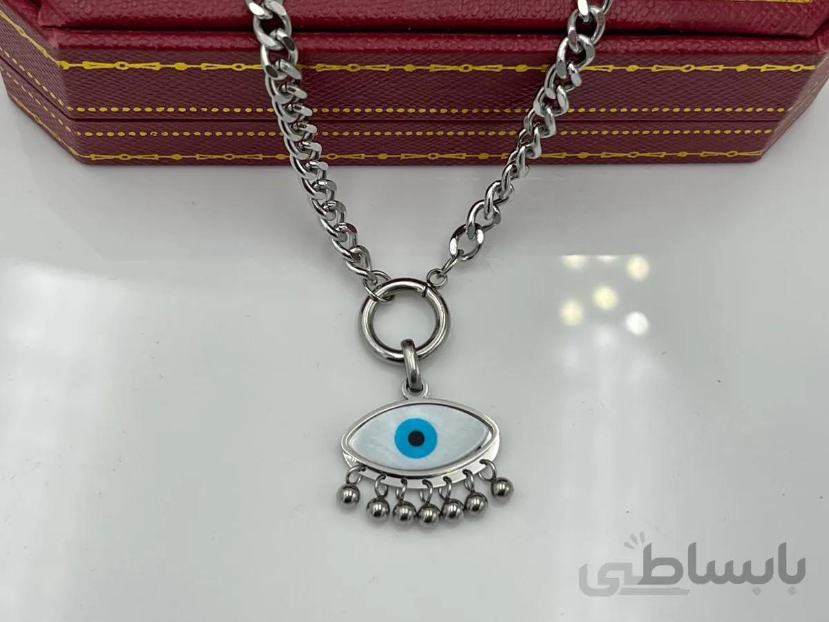 گردنبند چشم نقره ای با آویز توپی