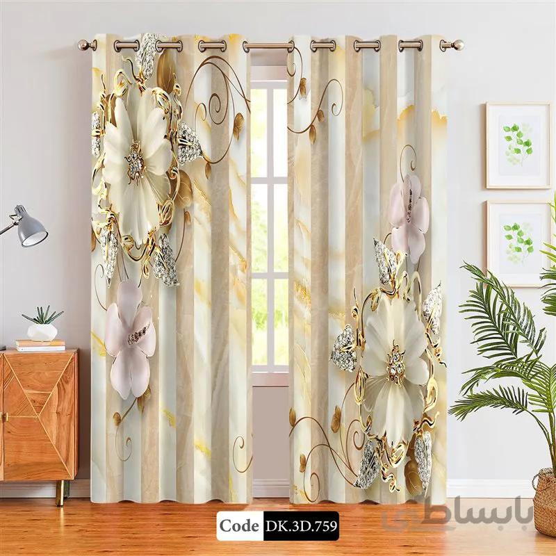 پرده پانچی (هازان و مخمل)کد DK.3D.759 طرح سه بعدی گل های طلایی