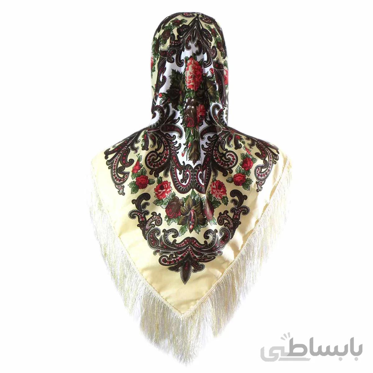 روسری زنانه سنتی رنگ کرمی ریشه دار