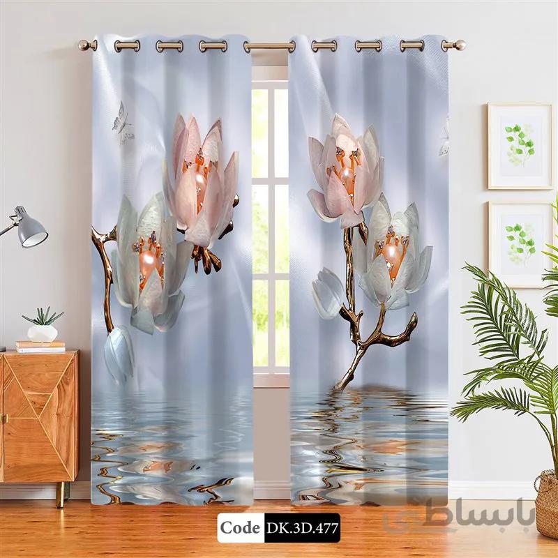 پرده پانچی (هازان و مخمل)کد DK.3D.477 طرح سه بعدی گل های طلایی در آب