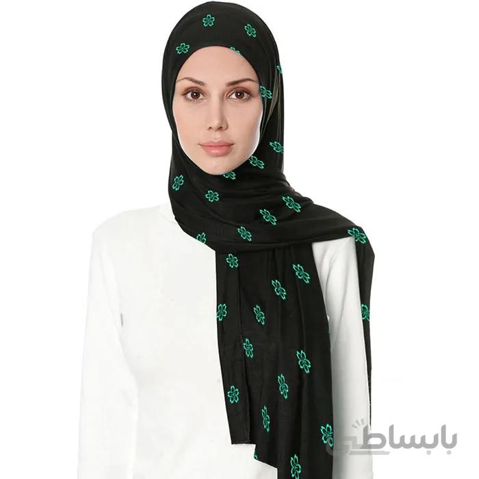 شال حریر مشکی گلدوزی گل آبی