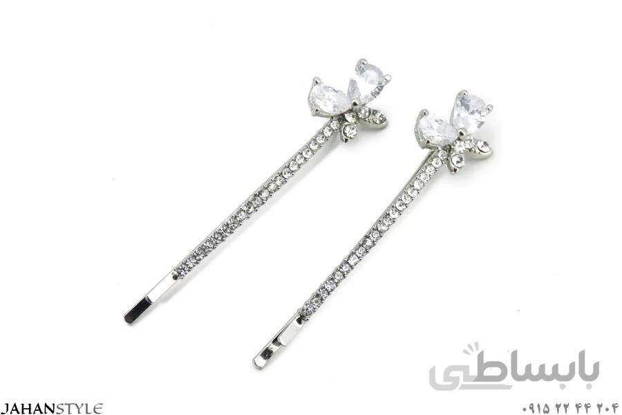 سنجاق سر نگین دار طرح پروانه سفید