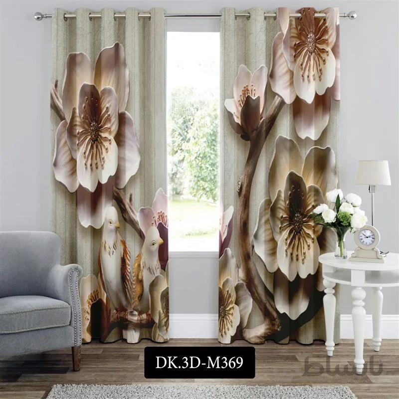 پرده پانچی (هازان و مخمل)کد DK.3D.M369 طرح سه بعدی گل ها و بلبل ها