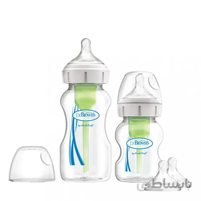 شیشه شیر طلقی 2 عددی پهن 270 و 150 میل دکتربراونز به همراه سرشیشه یدک