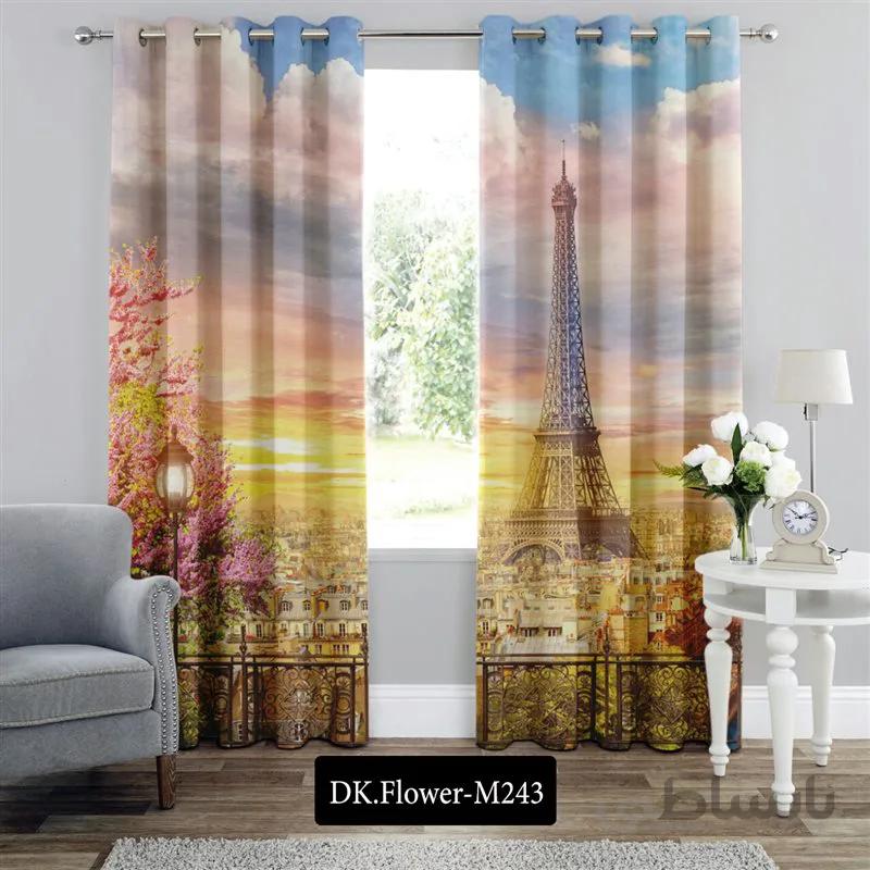 پرده پانچی (هازان و مخمل)کد DK.Flower.M243 طرح گل و منظره غروب ایفل