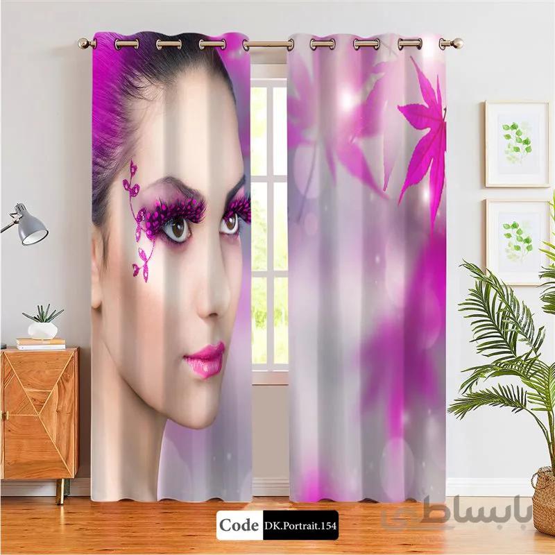 پرده پانچی (هازان و مخمل) کد DK.Portrait.154 طرح چهره زن و برگ های صورتی