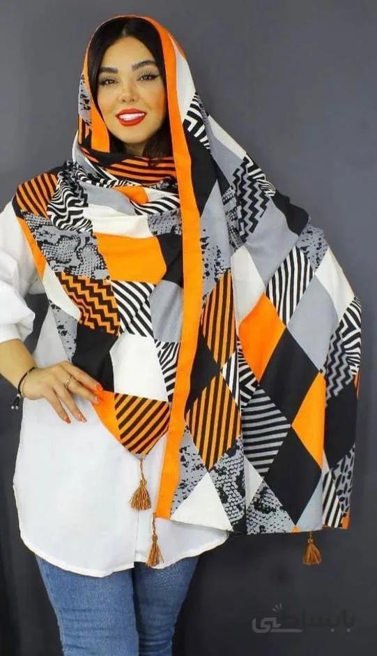 شال نخی پاییزه سفید نارنجی 105701 ا 105701