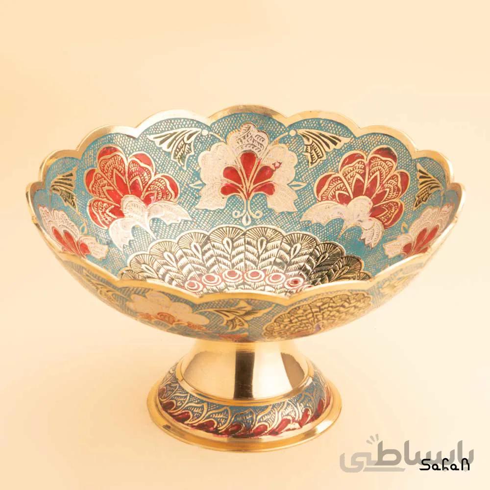 میوه خوری برنجی میناکاری پایه دار دورو مدل طاووس چتری