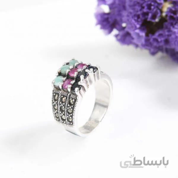 انگشتر نقره زنانه نگین سه رنگ