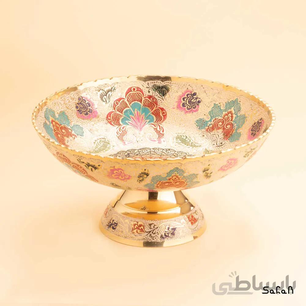 میوه خوری برنجی میناکاری پایه دار دورو مدل لب کنگره گود