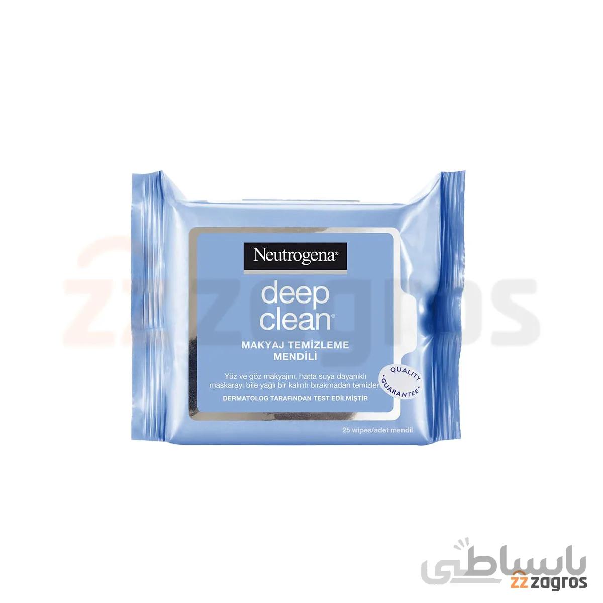 دستمال مرطوب پاک کننده آرایش نوتروژینا مدل deep clean بسته 25 عددی