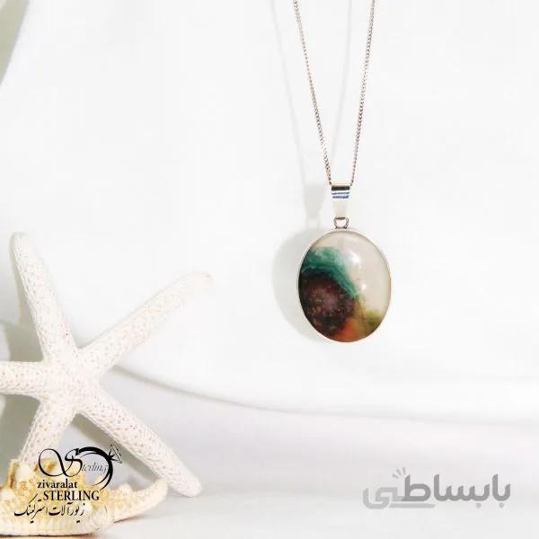 گردنبند نقره با سنگ عقیق شجر