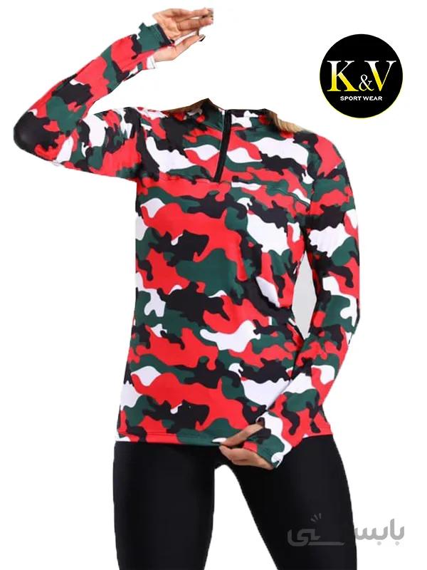 تیشرت ورزشی نیم زیپ فینگردار زنانه طرح چریکی ا Womens guerrilla design half zip sports Tshirt