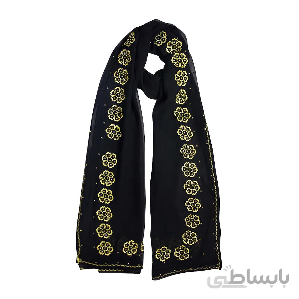 شال حریر مشکی گلدوزی گل طلایی