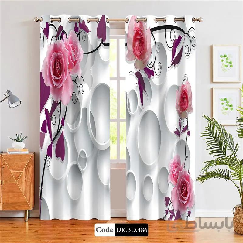 پرده پانچی (هازان و مخمل)کد DK.3D.486 طرح سه بعدی گل های صورتی و برگ های بنفش