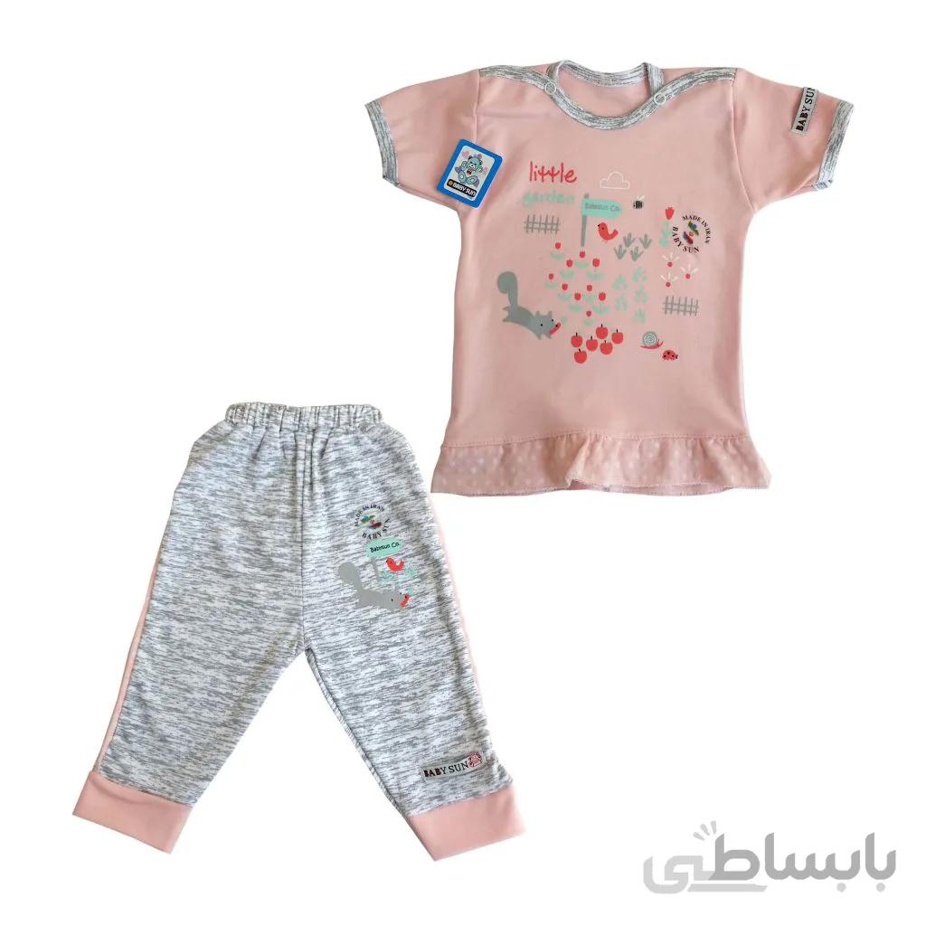 ست تی شرت و شلوار نوزادی بی بی سان طرح باغچه