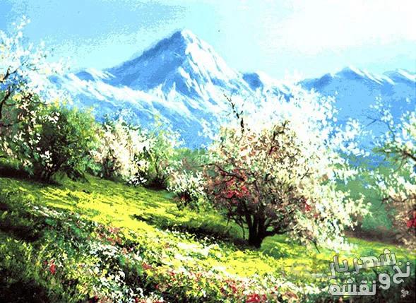 نخ و نقشه تابلوفرش منظره بهاری کوهستان - 569