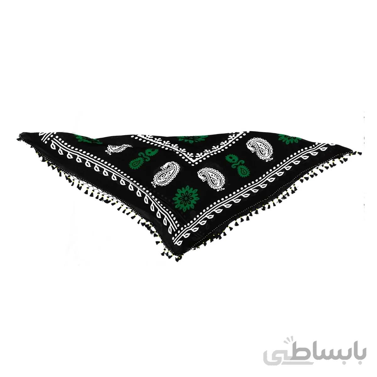 روسری سنتی منگوله دار کردستان مشکی- سبز 1.35 متری