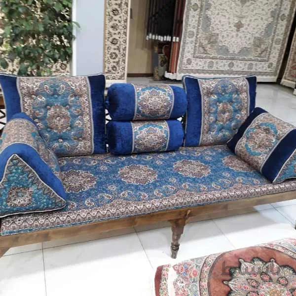 پشتی شاه نشین 7 تکه ترمه و مخمل رنگ آبی کد 1