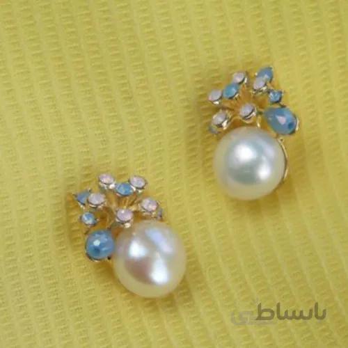 گوشواره مروارید با نگین رنگی