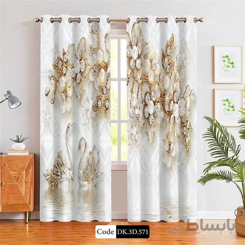 پرده پانچی (هازان و مخمل)کد DK.3D.571 طرح سه بعدی گل ها و قوهای طلایی