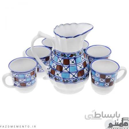 پارچ و لیوان چینی دسته دار طرح شطرنجی سرویس 7 پارچه