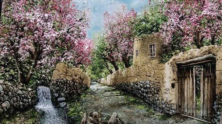 تابلو فرش برجسته دستبافت ابریشمی سه بعدی طرح کوچه باغ بهاری کد ۱۰۱۱۴۱