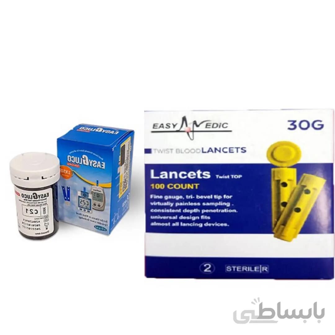 نوار تست قندخون ایزی گلوکو به همراه یک بسته ۱۰۰ تایی لنست ۴ پر