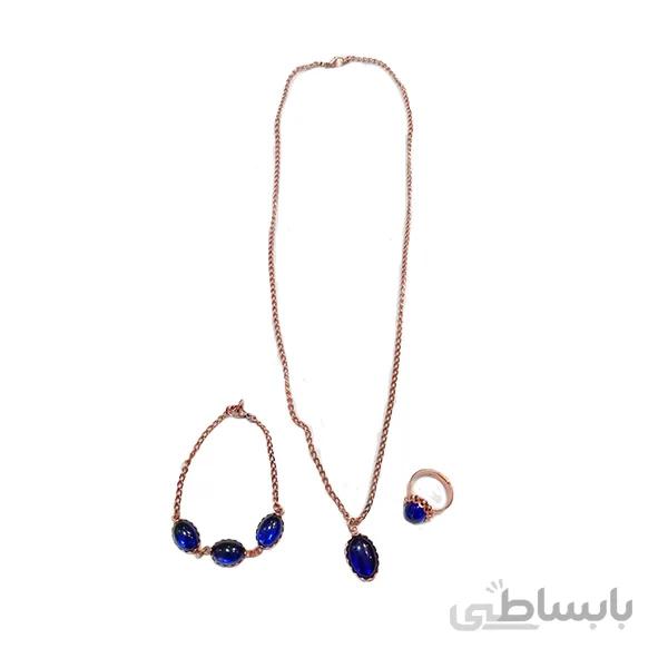 ست زیورالات مسی سه نگین ابی زنجیری کد jw214.4