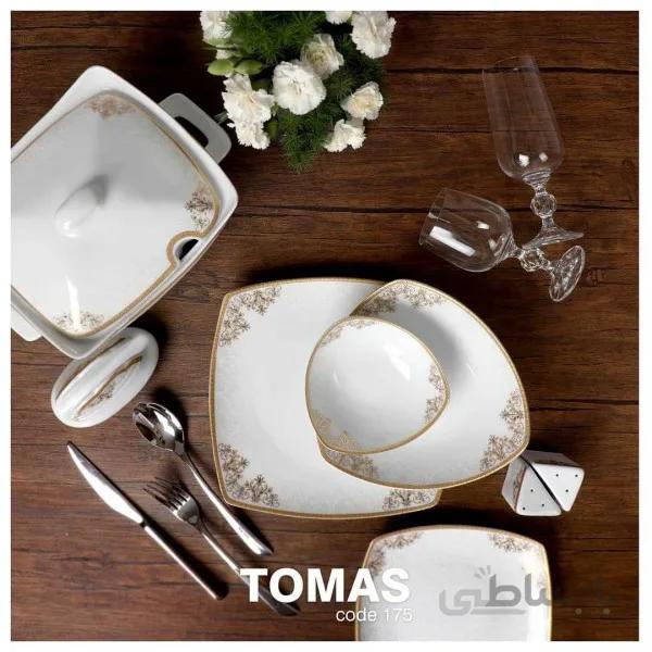 سرویس غذاخوری 12 نفره 105 پارچه چینی پردیس کاشان قالب پاریس طرح توماس طلایی کد 175H
