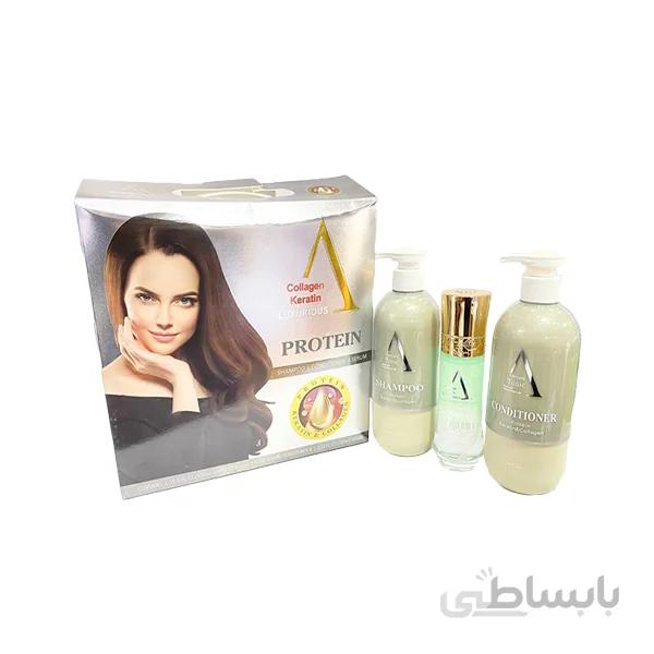 پک سه تیکه کلاژن کراتین،شامپو پروتئینی لوکس و نرم کننده و سرم نرم کننده