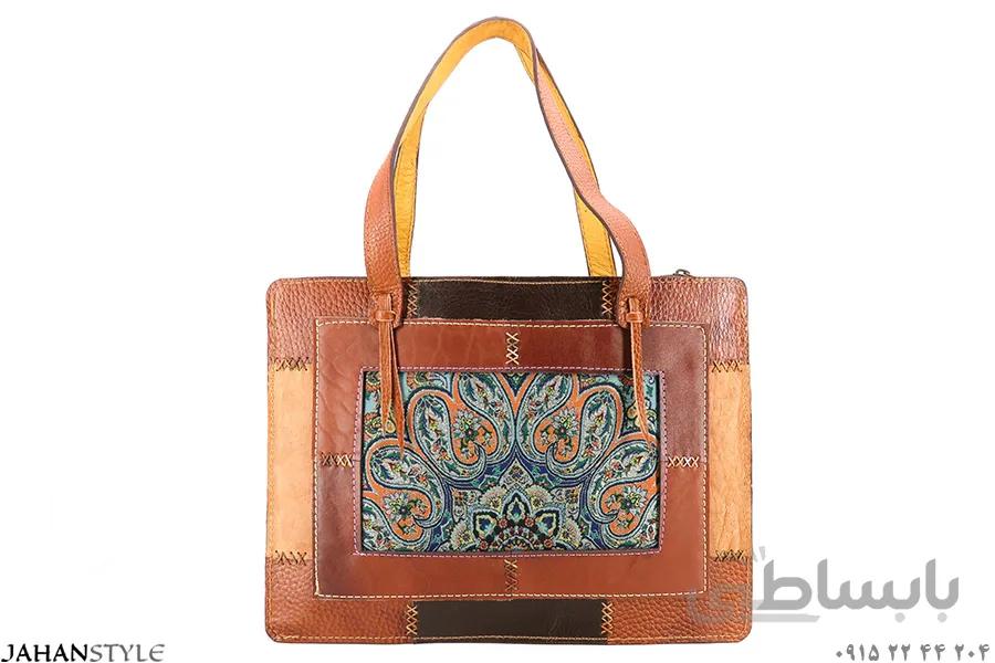 کیف دستی چرم طبیعی چهل‌تکه ترمه دوزی کد 587869