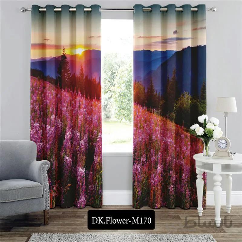 پرده پانچی (هازان و مخمل)کد DK.Flower.M170 طرح گل و منظره غروب در دشت گل