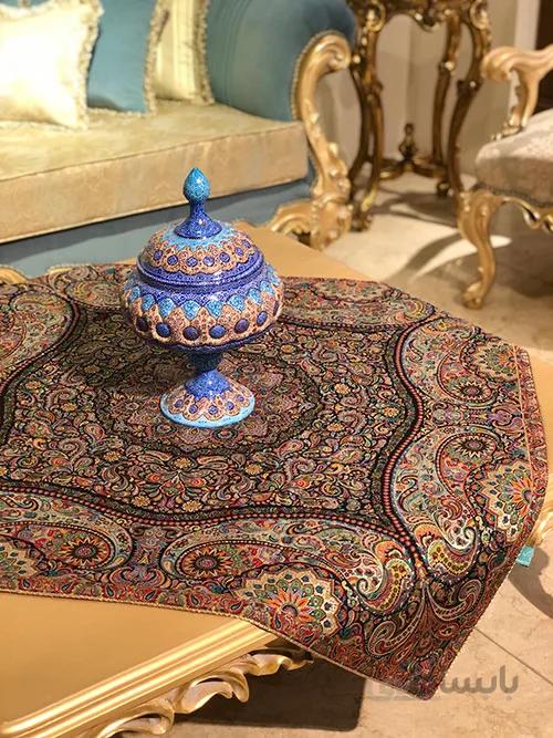 رومیزی مربع ترمه طرح سالار مشکی ابریشم کد 710 کد 410552