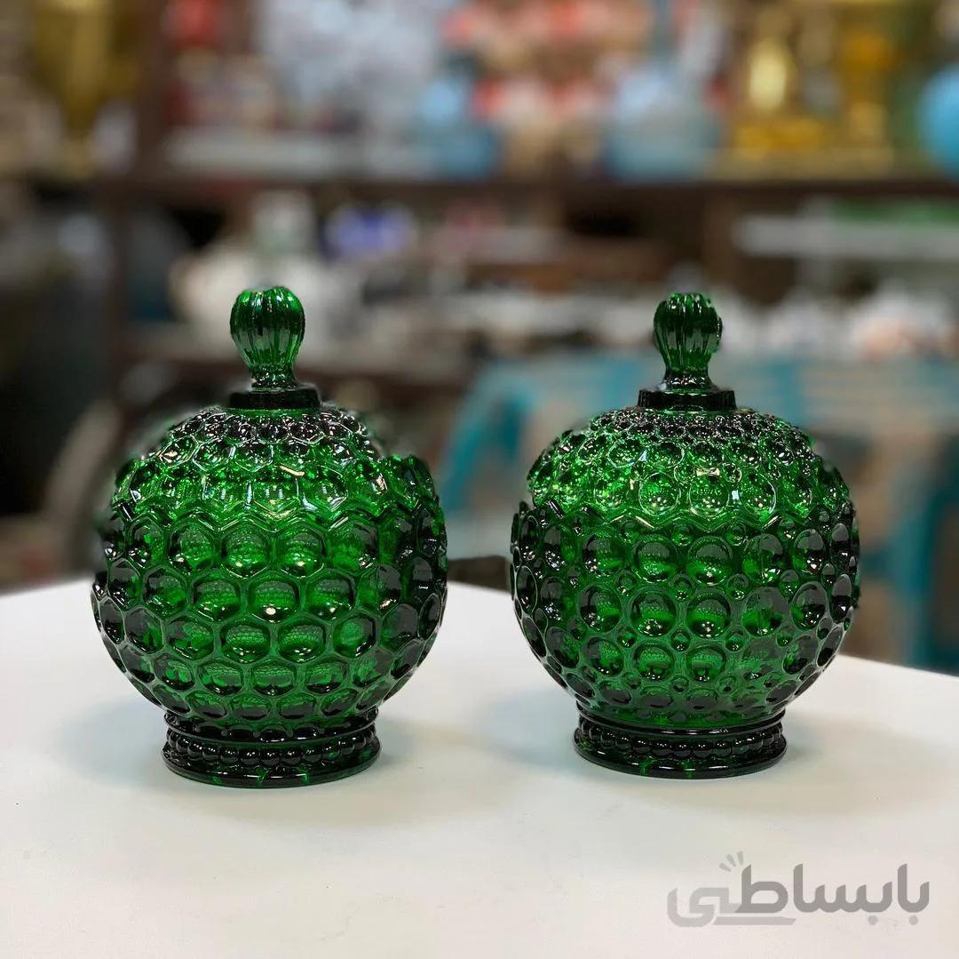 یک جفت قندان بلور خوش رنگ آنتیک طرح قدیم ارتفاع ۱۵ سانت قطر 10 سانت