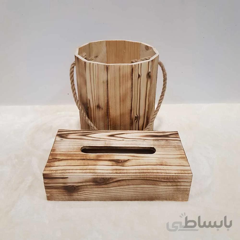 سطل بدون درب و جادستمال چوبی 200 برگ رنگ سوخته
