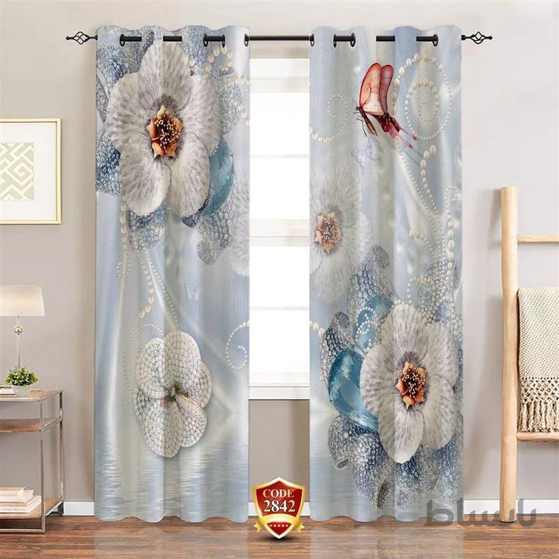 پرده پانچی کد 2842-3d-b طرح سه بعدی گل آبی
