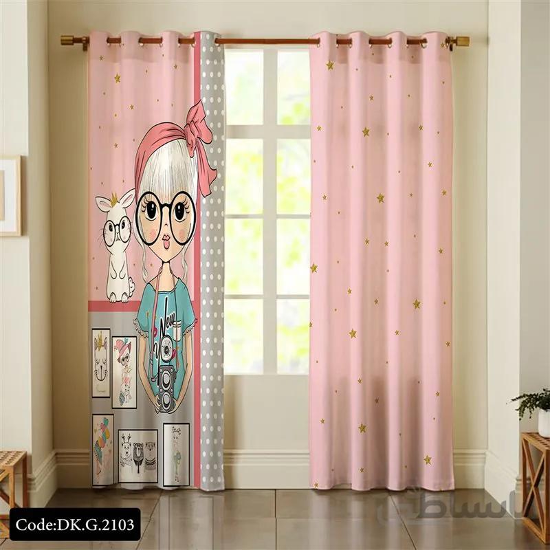 پرده پانچی (هازان و مخمل) کد DK.G.2103 طرح دخترانه دختر عکاس و خرگوش