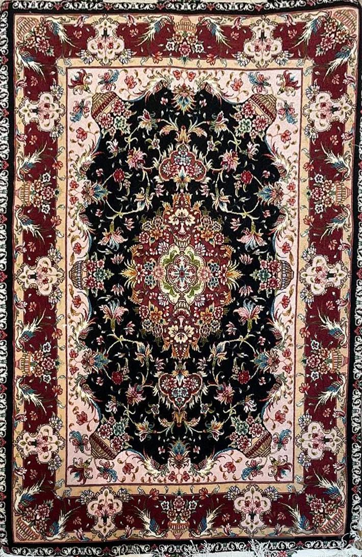 ذرونیم دستباف تبریز طرح نشاط رنگ مشکی چله ابریشم