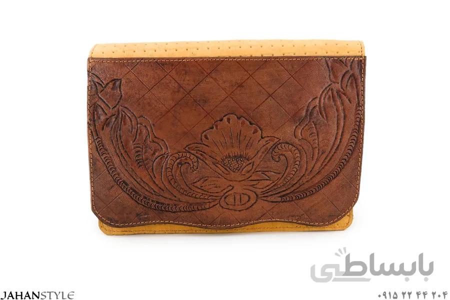 کیف دوشی چرم طبیعی قلم زنی طرح یاس